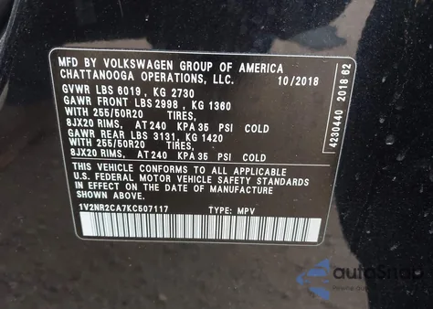 2019 Volkswagen Atlas 3.6L V6 Sel Premium из США, поврежденный, VIN 1V2NR2CA7KC507117
